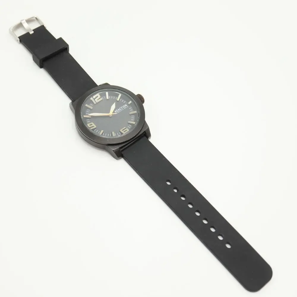 Kenneth Cole Reaction Mens Black Gold Tone Dress Watch 48mm w New Battery